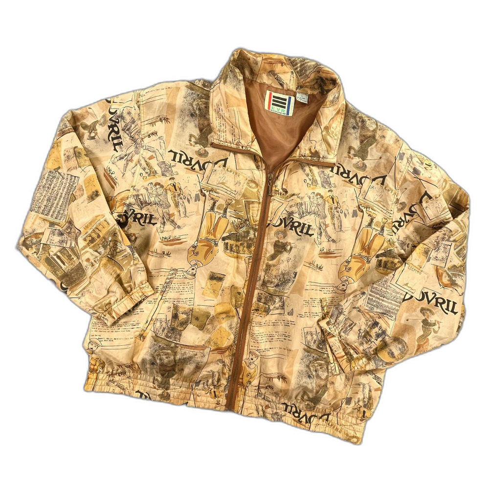 Vintage EVR Rousso Silk Bomber Jacket Large Golf Newsprint Collage Windbreaker